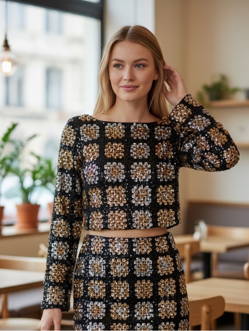 NWT Chelsea & Violet Sz M Bonnie Top Black Sequin Square Crop Long Sleeve $139